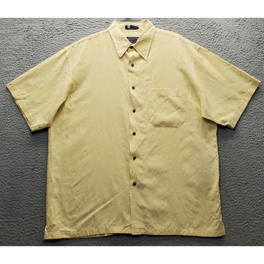 Pendleton Shirt Mens Large Yellow Silk Short Sleeve Regular Fit Collar Button Up